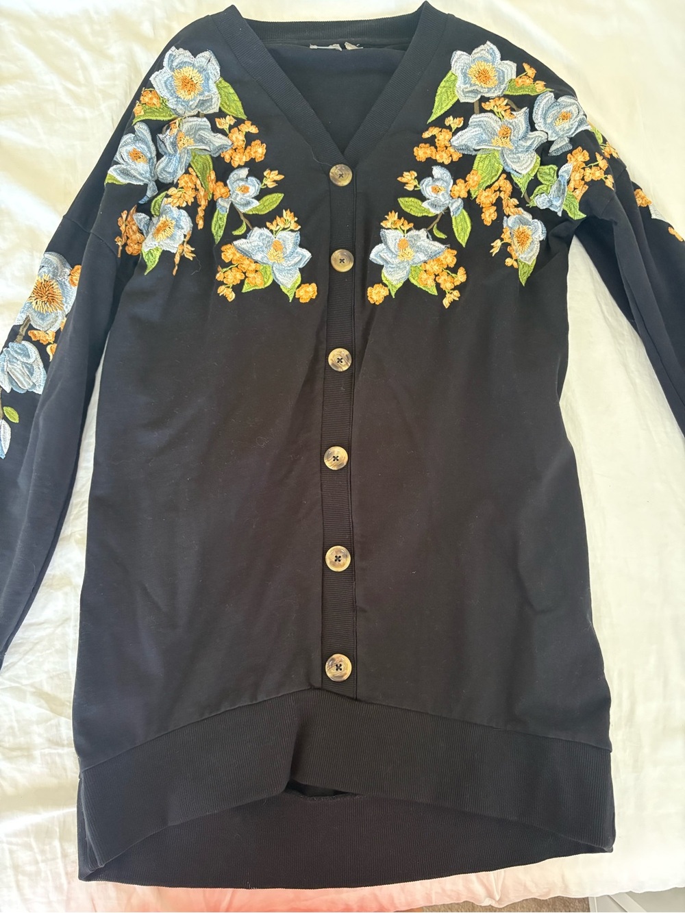 Black V-Neck Cardigan Sweater Dress with Blue & Yellow Floral Embroidery